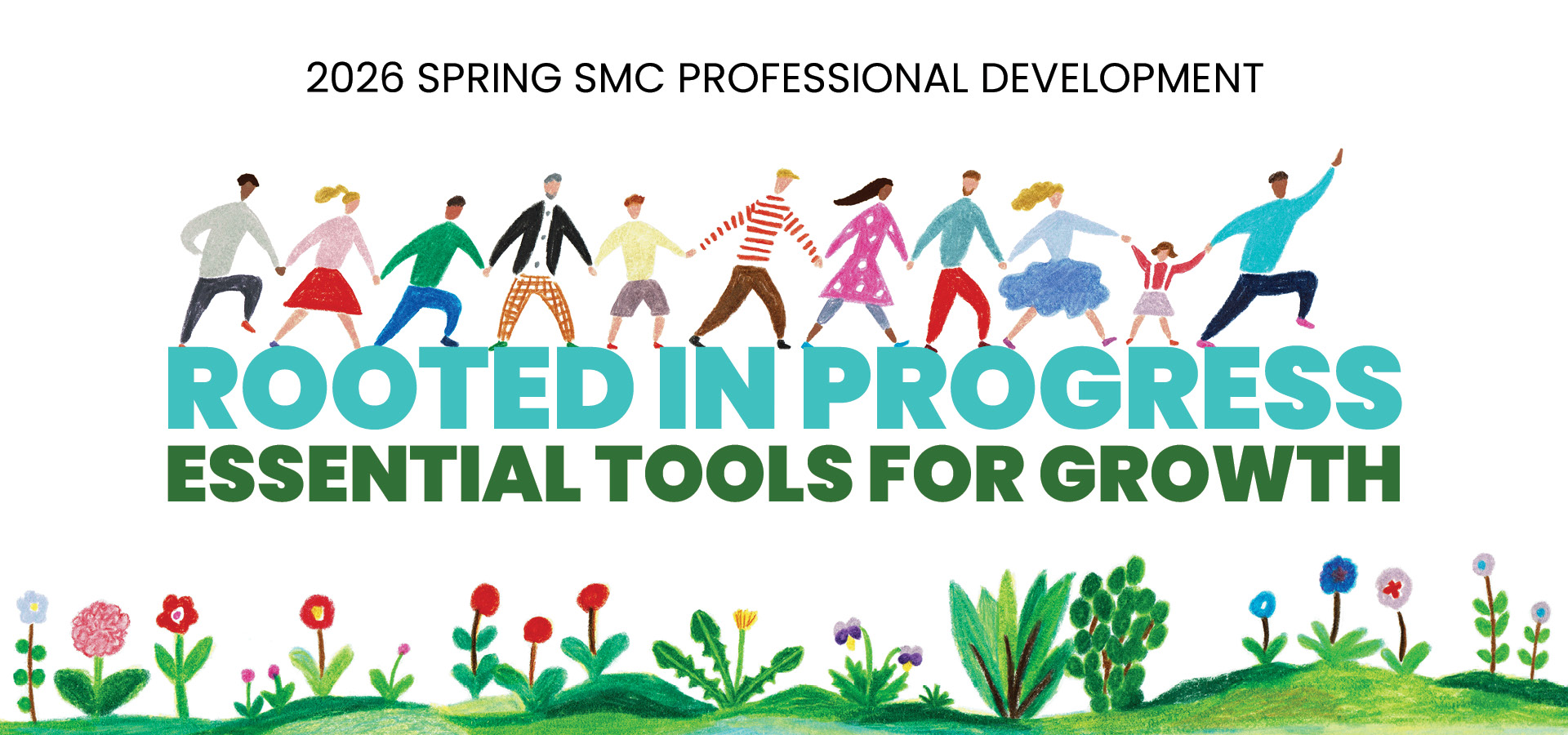 People holding hands and plants with the PD Day theme text: rooted in progress, essential tools for growth