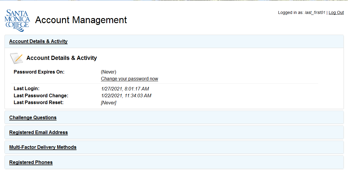 Account management screen details and activity area